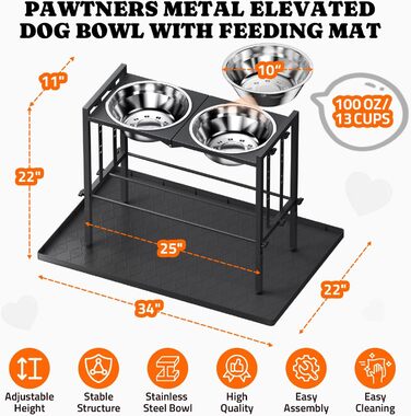 Підвищені годівниці для собак великих порід – металеві годівниці з 3 регульованими рівнями, стійкий підставник для великих та екстра-великих собак (Об'єм: 13 чашок*2), чорного кольору з підлогою-мат