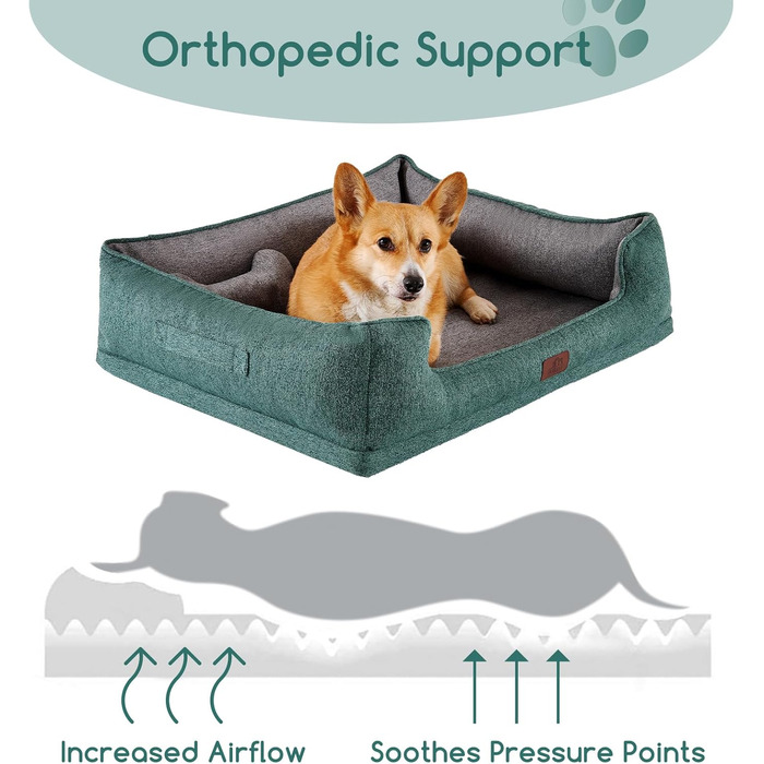 Ортопедичне собаче ліжко Hollypet для середніх собак, зелене, 81.3 x 61.3 x 32 x 24 см. Знімний, водонепроникний, миючий чохол та антиковзаюча підкладка.