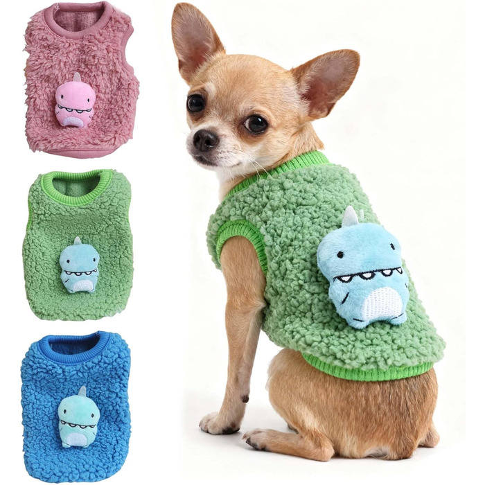 Теплий одяг для собак та котів (Чіхуахуа, Йоркширський тер'єр) FLAdorepet, фліс, зимовий, для маленьких цуценят, 3 шт., XXS (0,5–0,9 кг), милий динозавр