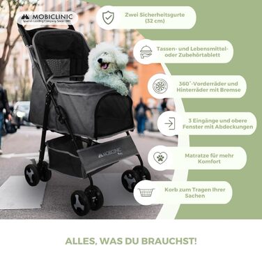 Візок для собак Mobiclinic® Pets, сірий, до 15 кг, з великим кошиком, 3 вікна, гачок для води, поворотні колеса з гальмом