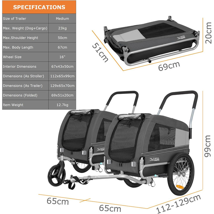 Універсальний візок-перевозник для собак Tiggo VS Pets Medium - 2в1 (велосипедний/біговий, сірий)
