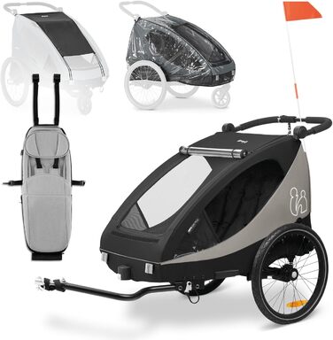 Фарм-причіп Hauck Dryk Duo Plus Set для 2 дітей з люлькою, тентом та дощем. Складається, з підвіскою та функцією коляски (Чорний)