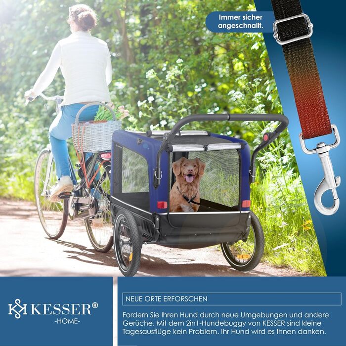 KESSER® Візок для собак Боксер 3-в-1: візок, буксир для велосипеда та буксир для бігу. Великий об'єм 240 літрів, амортизація, поворотне переднє колесо 360°, матеріал 600D Oxford Canvas, SmartSpace, максимальне навантаження 40 кг, колір Navy Blue