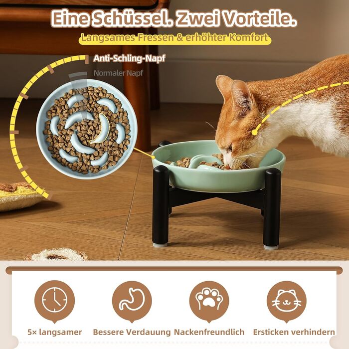 Антислизький годівниця для котів з кераміки з металевим підставкою - Підвищена годівниця проти заковтування - Лабіринтова миска для повільного годування - Рожева миска + метал - Рожевий колір