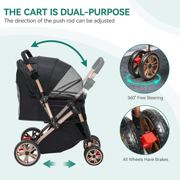 Візок для собак та котів YITAHOME, чорний, до 22 кг, складна конструкція, з сумкою, подушкою, сітковими вікнами та кошиком для зберігання