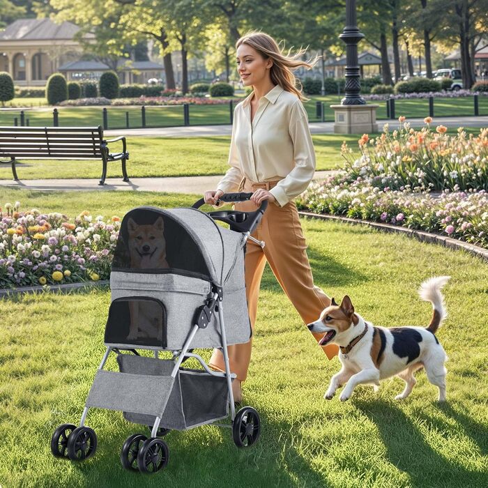 Візок для собак та котів DWVO, сірий, до 15 кг, складання, з підстаканником та кошиком для зберігання