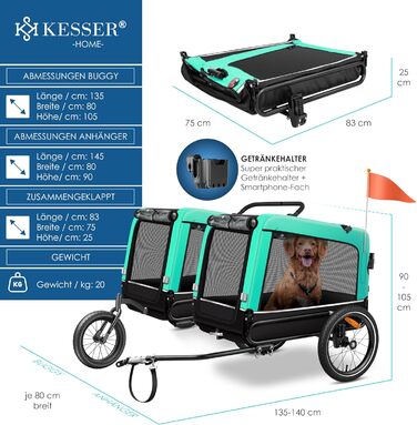 KESSER® Візок-причіп для собак Boxer 3в1: візок для прогулянок, бігу та велосипедний причіп, великий об’єм 240 л, амортизований, міцна тканина 600D Oxford, система SmartSpace, навантаження до 40 кг, з підстаканником