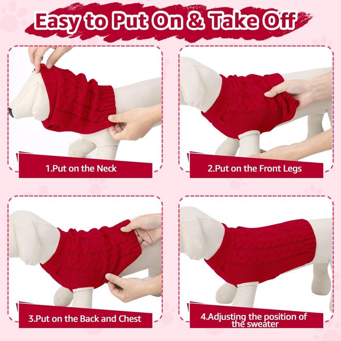 Пуловер для собак SlowTon, пуловер з коміром-стійкою для маленьких та середніх собак, теплий зимовий пуловер з отвором для повідка, червоний, розмір M
