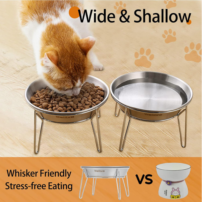 Підвищені миски для котів Wellbro з нержавіючої сталі, з металевим підставкою, для безстресового годування, 2 шт.