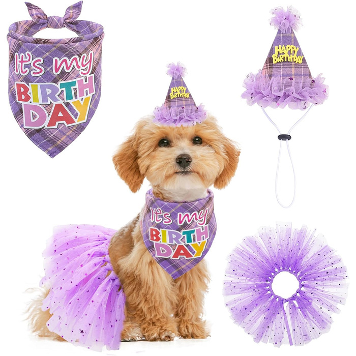 Сукня для собак SCENEREAL на весілля: комплект з банданою, комірцем та короною. Костюм для дівчаток, цуценят, кошенят, середніх та великих собак. Білий колір (Весільний) з фіолетовим клітинкою (для дня народження).