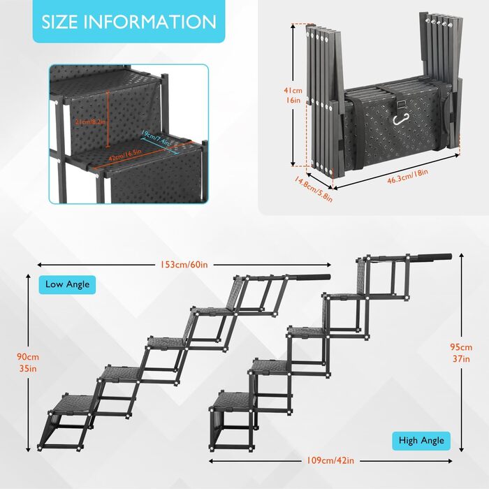 Лебіу - сходинка для собак у машину, портативна складна рамка для собак, SUV, вантажівки, легка рамка для великих собак з антиковзким покриттям, посилена сходинка для собак, підтримує до 90.7 кг, 5 сходинок