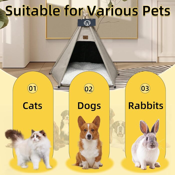 Тіпі для котів і собак Vinnypet, знімний і праний, з плюшевою подушкою, будиночок для домашніх тварин 40x40x50 см