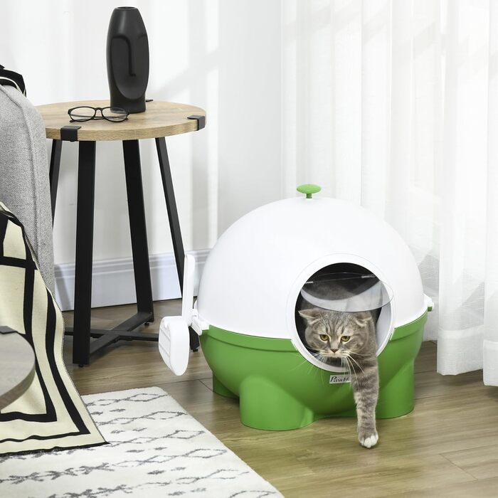 Лоток для котів PawHut з кришкою, лопатка, для кошенят до 4 кг, для дому, пластик, зелений+білий, 53 x 51 x 48 см
