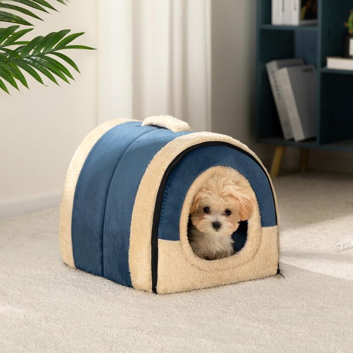 Hollypet Ліжко-будиночок для котів і малих собак, 2-в-1, складане, тепле кристалове гніздо з оксамиту, для дому і вулиці, темно-синє