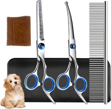 Набір професійних ножиць для собак 5-в-1: вигнуті ножиці з круглою кінцівкою, гребінець для розплутування, титанове покриття, для собак, котів та інших тварин