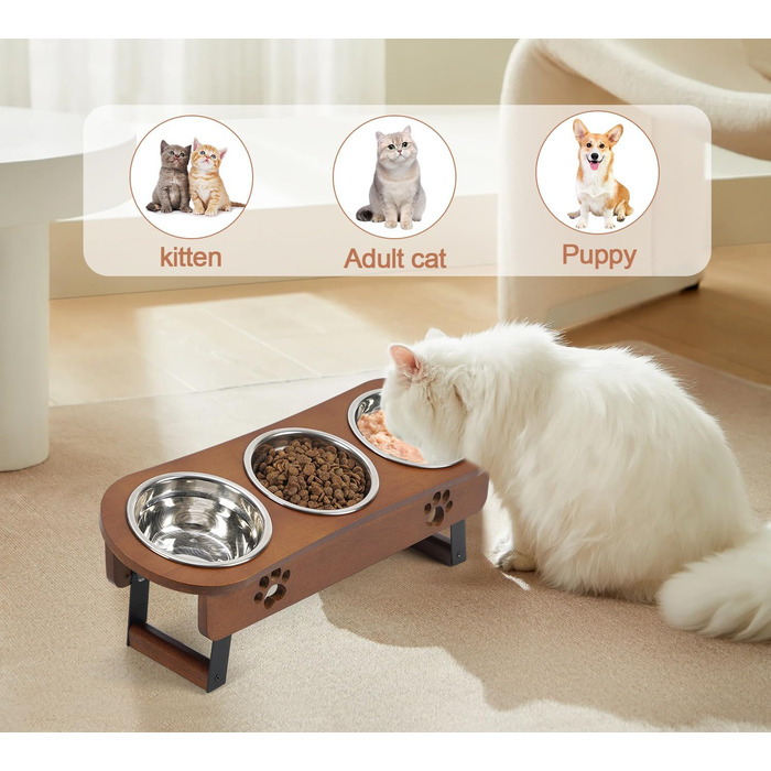 Підвищені годівниці для котів 3 шт. з регульованою висотою, з підставкою, з нержавіючої сталі, для води та корму, для котів та маленьких собак, коричневі