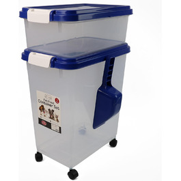 DIVCHI Контейнер для зберігання корму для тварин 3в1 з мірною ложкою, синій. Підходить для собак, котів та інших тварин. Герметичний, з роликами, для сухого корму.