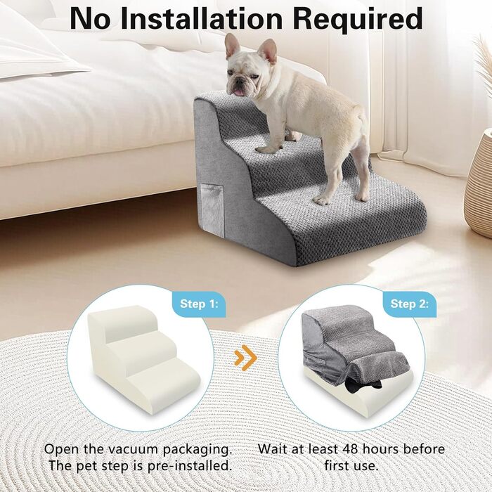 Сходинка для собак та котів на 3 сходинки, 40 см, з неслизьким покриттям. Зручна рампочка для собак та котів похилого віку, маленьких порід. Виготовлена з 30D піни, знімна та миється. Підходить для софи, ліжка, авто.