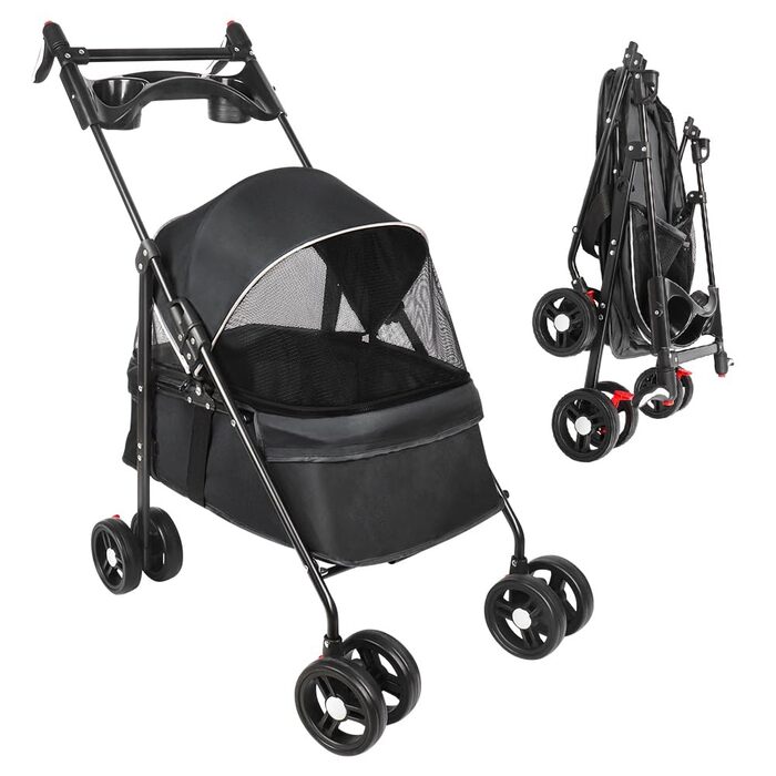 Візок для собак XANNI, складний, для маленьких собак та котів до 15 кг, з тримачами для напоїв та великим кошиком (чорний)