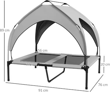 PawHut Підвищене собаче ліжко з балдахіном, Outdoor ліжко для собак з дахом, дихаюче, для маленьких та середніх собак, Оксфорд 76 x 61 x 69,5 см (91 x 76 x 89 см), світло-сірий