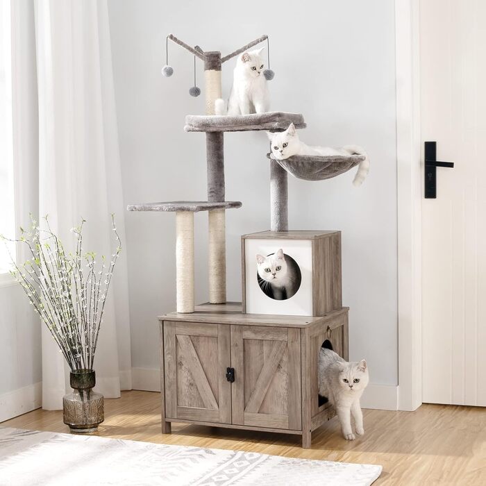 Когтеточка з шафою для котячого туалету HOOBRO, 2-в-1, 150 см, меблі для прихованого туалету, з сизалевими стовпчиками, знімна іграшка, сіро-бежевий