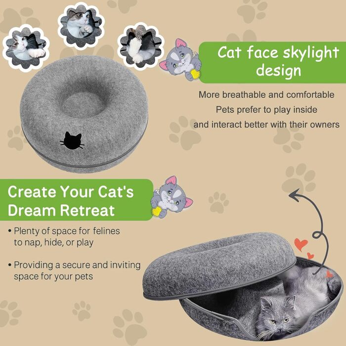 Туннель для котів KunpengZen, філцевий, з шурхотливим елементом, 50 см, темно-сірий. Підходить для котів, кроликів, цуценят до 4 кг