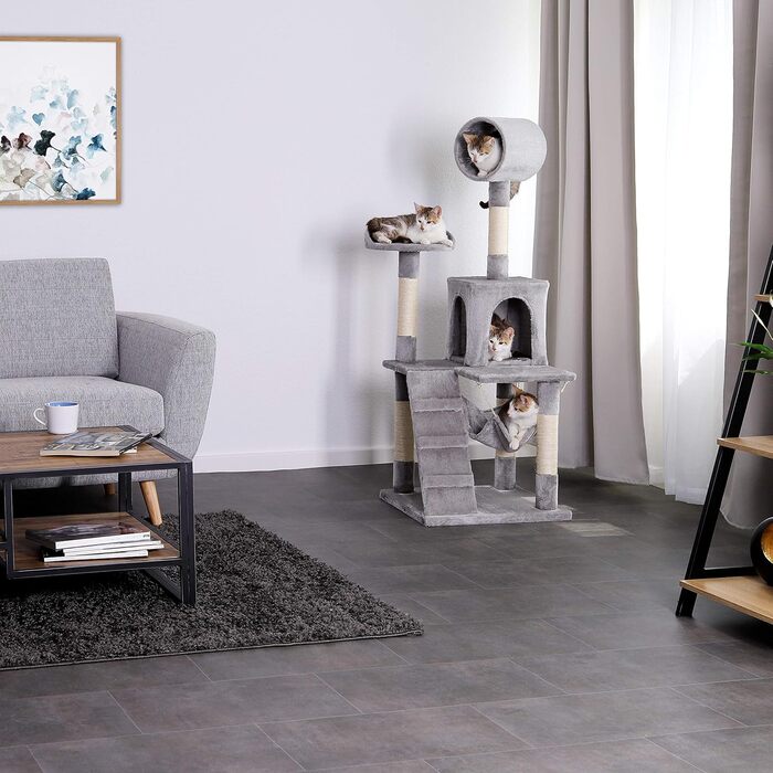 Дерево для котів Lionto з гамаком та тунелем, 133 см, з сизалевого мотузка та м'якого плюшу, з лежаками та печерами, підходить для котів будь-якого розміру, сірий