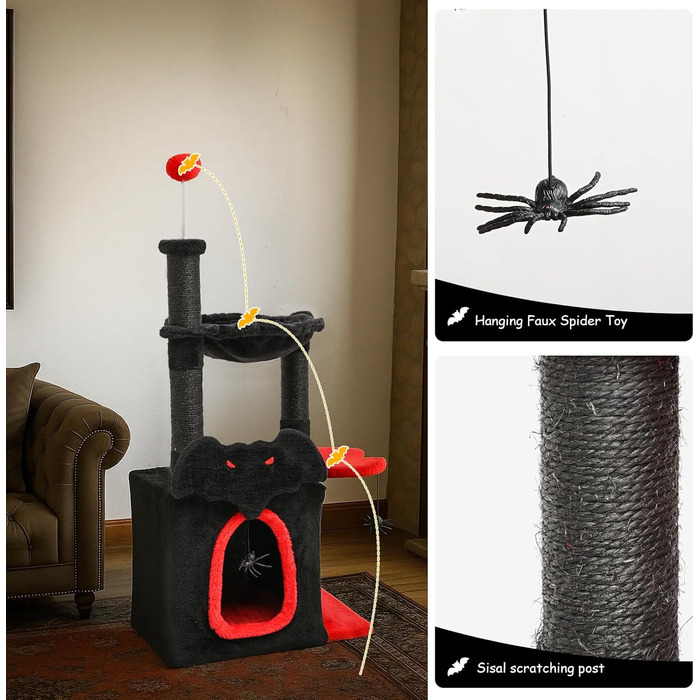 BYBYME Готичний кігтеточка для Хелловіну, 84.5 см, стійкий комплекс для котів з ліжком, будиночком, гамаком, кігтеточками з сизалю, багатофункціональна котяча іграшка (Чорний/Червоний), підлоговий, 96.5 см