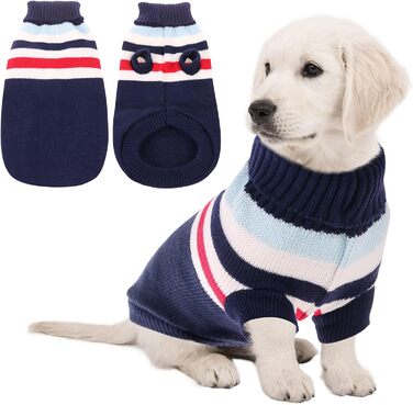 Теплий собачий светр з смугами, зимовий в'язаний одяг з еластичними ремінцями для ніг, м'який акриловий светр для собак маленьких, середніх та великих порід, розмір S, блакитний