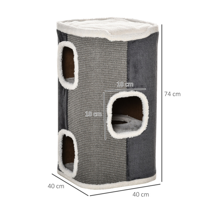 Кігтеточка PawHut Cat Tree з 3 ярусами, ДСП, оксамитовий поліестер, сизаль, сірий+білий, 40x40x74см| Аосом