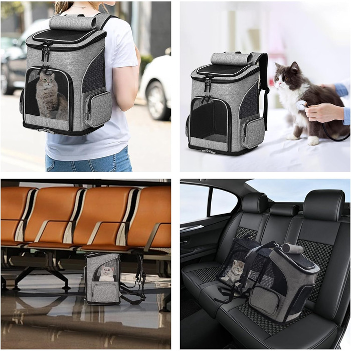 Рюкзак для тварин: переноска для собак та котів до 10 кг, сірий. Розкладний, з 2 матами