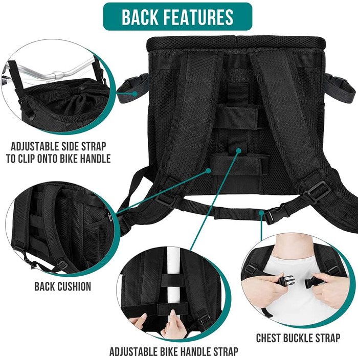 Корзина для собак PetAmi на велосипед, м'яка, з вентиляцією, рюкзак-переноска для собак, підходить для маленьких та середніх собак, кошенят, автокрісло з ременем безпеки (сірий, чорний)