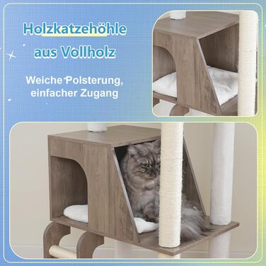 Дерев'яний кігтетопор Hey-brother Holz Kratzbaum 184см для великих котів, багатоярусний, зі стійкою платформою, кошиком, будиночком, щіткою та драбиною (Gris Vintage)