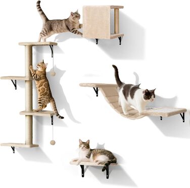 Кігтеточка-стіна для котів Eukue, комплект 10 елементів, великі настінні елементи з котячим будиночком, мостом та сизалевими стовпчиками, до 10 кг, бежевий колір