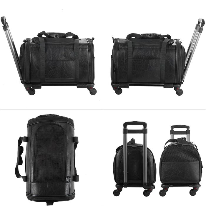 Сумка-переноска для тварин з екошкіри на колесах, для собак та котів до 6,8 кг, підходить для авіаперельотів, кемпінгу (чорна)