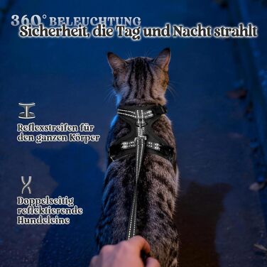 Шлейка для котів rabbitgoo з повідцем, анти-втеча, регульована (3 пряжки), м'яка та зручна, світловідбиваюча для безпеки, чорна, розмір S