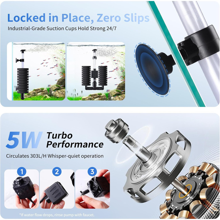 AQQA Фільтр для акваріума, електричний внутрішній фільтр для акваріума, тихий губчастий фільтр з водяним насосом 190 л/год, біологічне та механічне фільтрування, для акваріумів до 210 л (5 Вт)