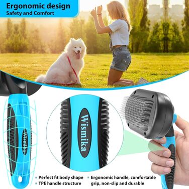 Двостороння щітка для грумінгу собак та котів 2-в-1, видаляє підшерстя, вичісує шерсть, самоочисна, блакитна