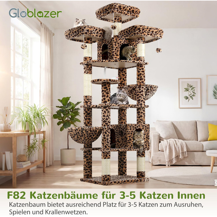 Драбина для котів Globlazer XXL, 209 см: 3 стійкі лежанки, 2 будиночки, 2 кошики, велика платформа, іграшки, стабільна для 3-5 котів. Leoparden