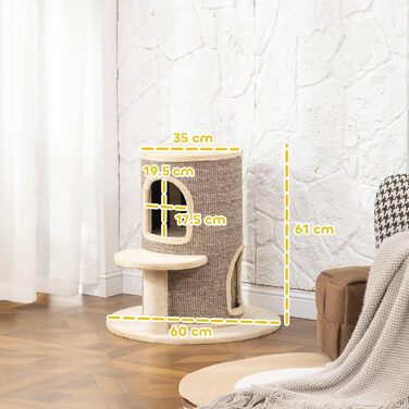 Кігтеточка PawHut для котів, 61 см, кігтеточний тунель з 2 печерами, стрибкова платформа, кігтеточний комплекс з сизалю та плюшу, для маленьких котів, бежевий