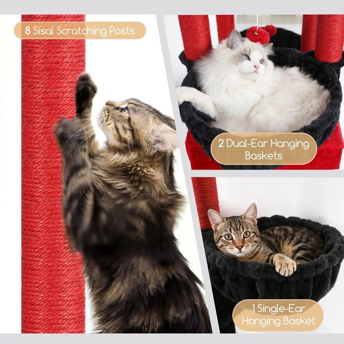 Драбина для котів Globlazer XXL Gothic: 209 см, 2 будиночки, велика платформа, 3 корзини, 8 стовпчиків з сизалю, стійка конструкція для великих котів