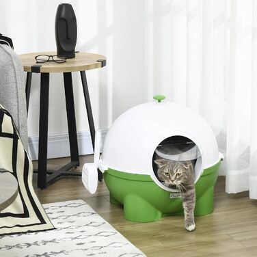 Лоток для котів PawHut з кришкою, лопатка, для кошенят до 4 кг, для дому, пластик, зелений+білий, 53 x 51 x 48 см