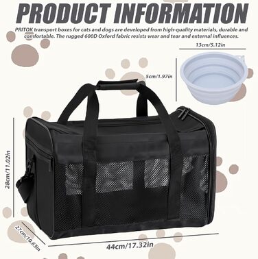 Транспортна переноска для котів та собак, 42x27x28 см, чорна: складана, з мискою для їжі