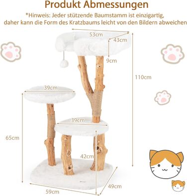 Дерев'яна кігтеточка SOARS для котів з 3-ма стовбурами, ліжком та іграшками, багатоповерхова, 59 x 49 x 110 см, Стиль C