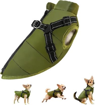 Зимовий теплий куртка для собак з шлейкою, 3-в-1, водонепроникний, вітронепроникний, для малих, середніх та великих собак/котів (армійний зелений, розмір S)