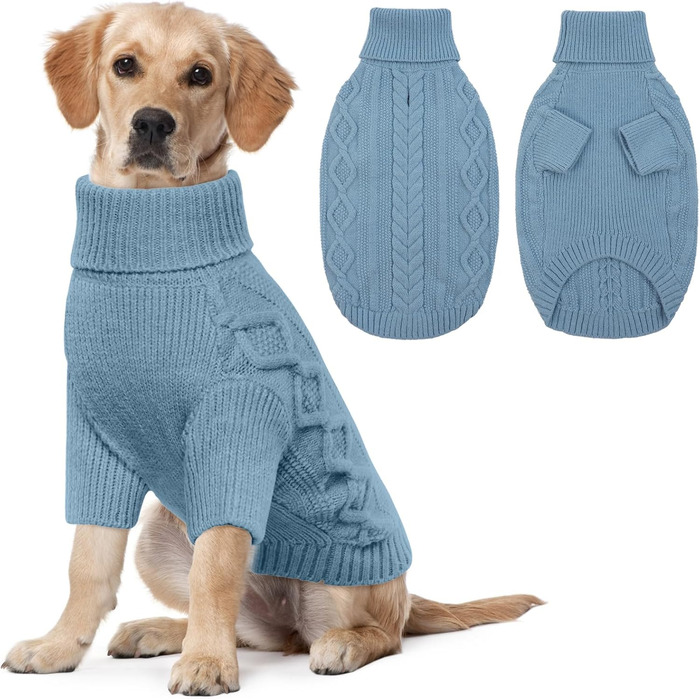 Теплий зимовий светр для собак Lelepet з коміром-горловиною, блакитний, розмір M