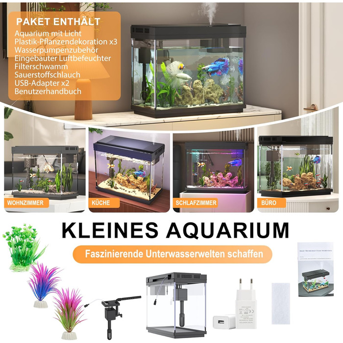 Акваріум Vehipa Nano 9L з інтелектуальним зволожувачем повітря, індикатором температури, склом UHD, 7-кольоровим підсвічуванням, 3-в-1 насосом з фільтрацією, подачею кисню та циркуляцією, чорний