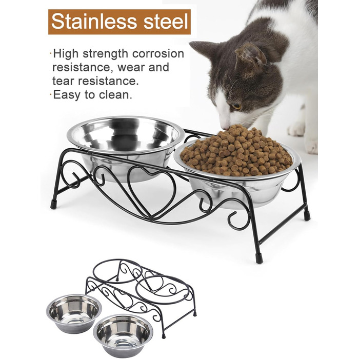 Підвищені годівниці для собак та котів з нержавіючої сталі з подвійними мисками та стійкою