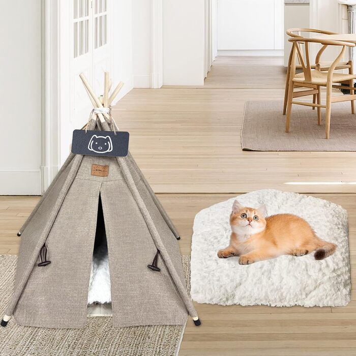 Палатка для тварин Tipi, будиночок для собак та котів з плюшевою подушкою, 60x60x70 см, коричневий