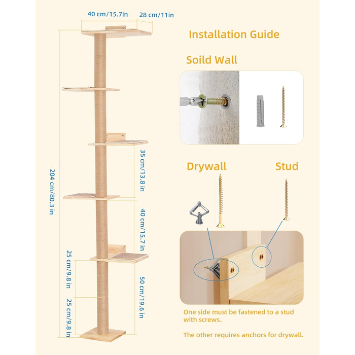 Багатоярусна кігтеточка-стінка для котів з 5 сходами, 5-ярусні полиці для відпочинку та ігри, з міцними кігтеточковими стовпчиками, з антиковзними килимками, для великих котів